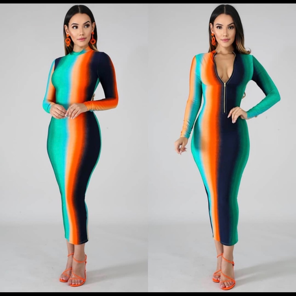 Mock neck colorful midi dress